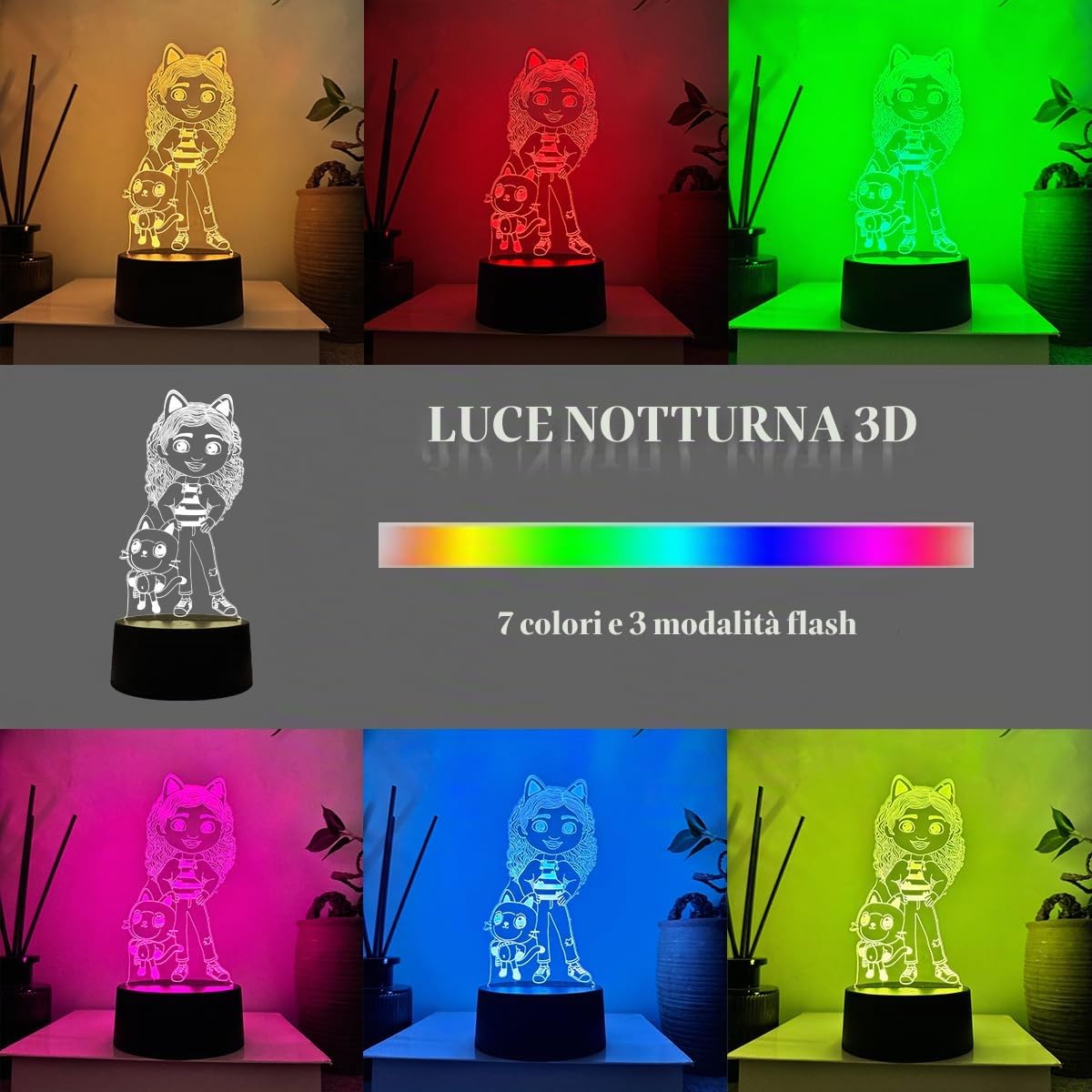 Luce Notturna Bambini Gabby, Lampada Camera da Letto Dollhous, 3D LuceNotturna LED, Regali Compleanno per Ragazza, Ragazzo