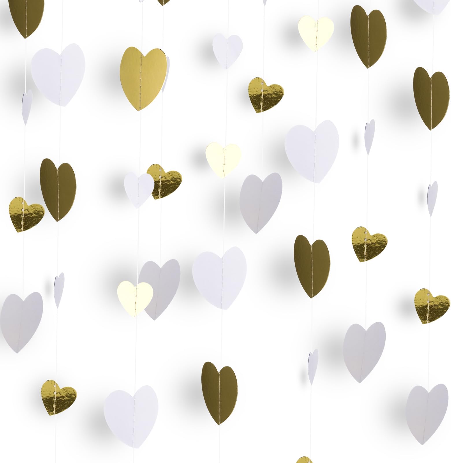 52 Ft Love Heart Garland Hanging Streamers, White and Gold Party Hanging Decorations for Wedding Engagement Birthday Bridal Shower Anniversary Valentine's Day Decorations