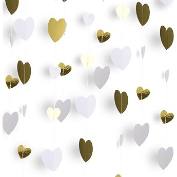 52 ft Hanging Paper Garland White and Gold Heart Paper Decoration