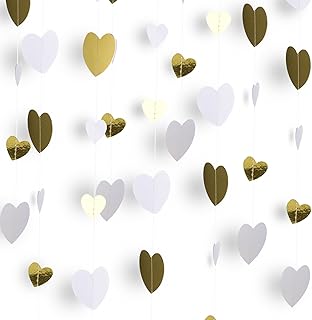 52 Ft Weiß und Gold Herz Papier Girlande, Metallisches Papier Hängende Girlande für Jahrestag, Bachelorette, Verlobung, Valentinstag, Weihnachten, Party Dekorationen