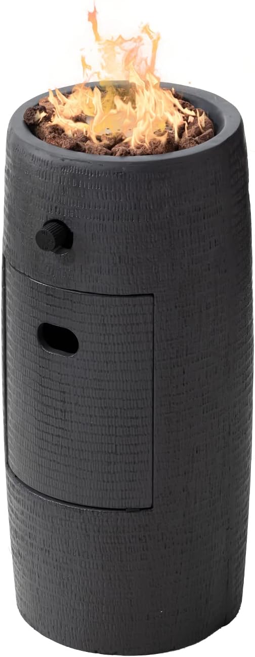 HOMPUS Propane Fire Pit Patio, Portable Concrete Gas Fire Pit for Outdoor Leisure Party, 15,000 BTU 11-inch Round Column Small with Lava Rocks and Rain Cover for Deck or Backyard, CSA Certified, Grey