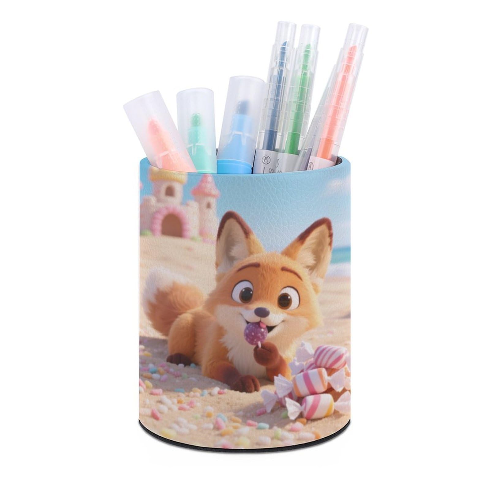 DWVTSLH Aesthetic Pen Holder for Desk - Modern Leather Pencil Holder - Stylish Round Makeup Brush Holder - Cute Candy Fox Pen Cup Cute And Functional Desk Organizer for Office Supplies