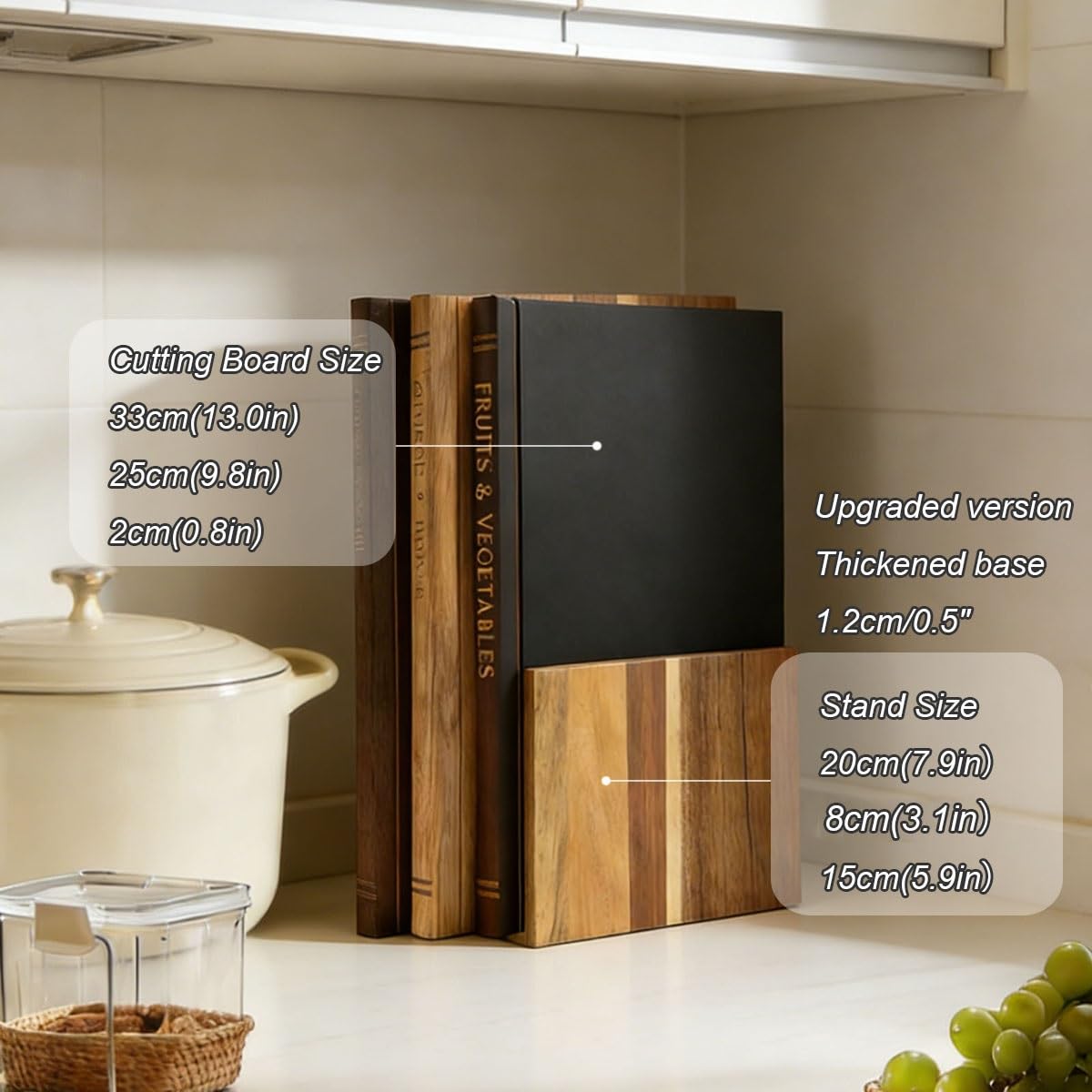 Set da 3 taglieri in bambù a forma di libro con supporto in legno, 2 cm, leggeri, lavastoviglie