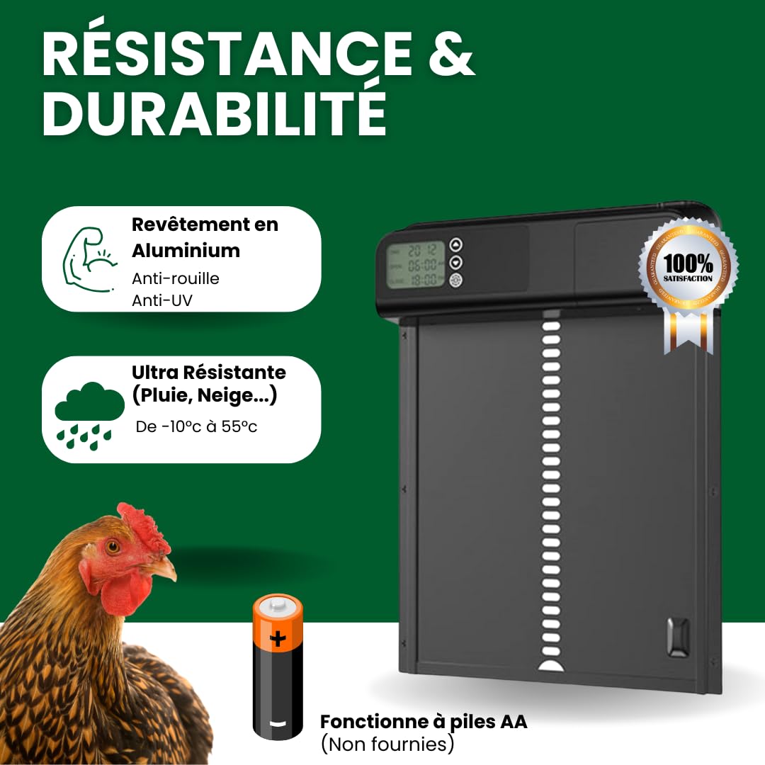 Porte Automatique Poulailler Aluminium - Minuterie Programmable | Anti-Prédateurs, Piles Incluses