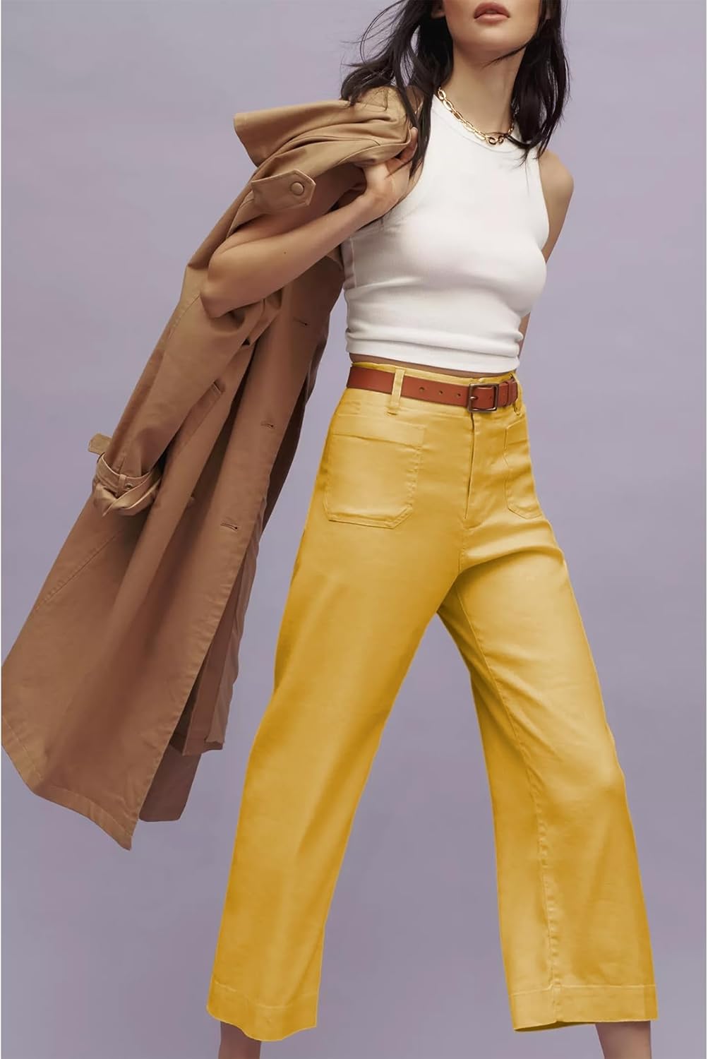 Womens Linen Pants Cropped Wide-Leg Pants Casual High Waist Baggy Pants Stretchy Straight Trousers with Pockets - Image 4