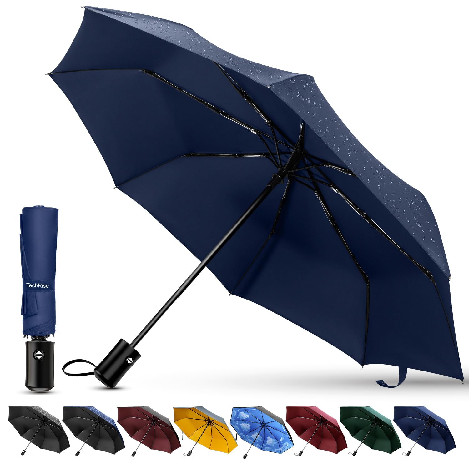TechRise Umbrella, Compact Strong Windproof Automatic Umbrellas, Folding Lightweight, Portable Travel Golf Umbrella for Rain, Blue