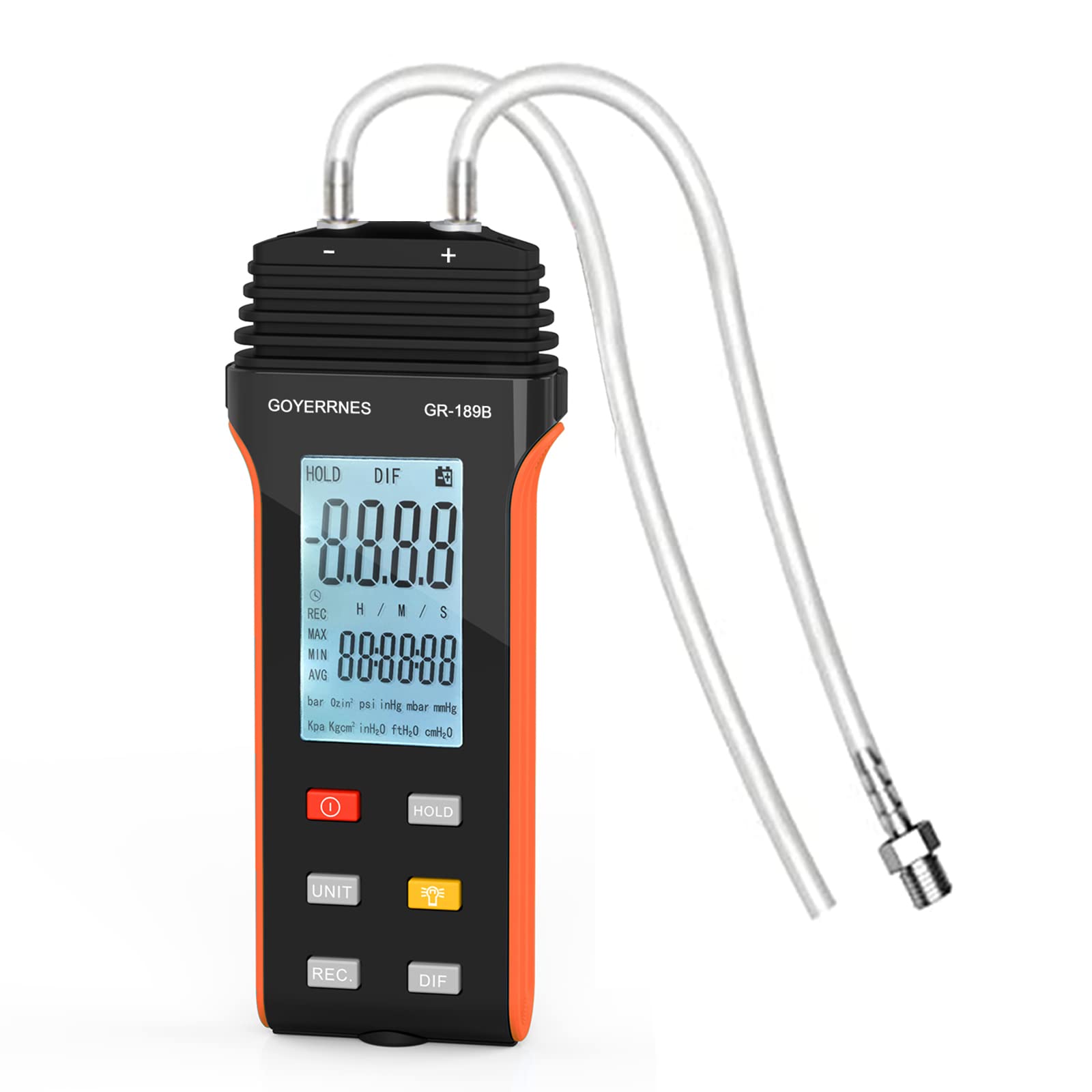 Manomètre portable Testeur de pression d'air et de gaz GR-189B Manomètre différentiel à double port 11 unités sélectionnables Manomètre différentiel Grand écran LCD