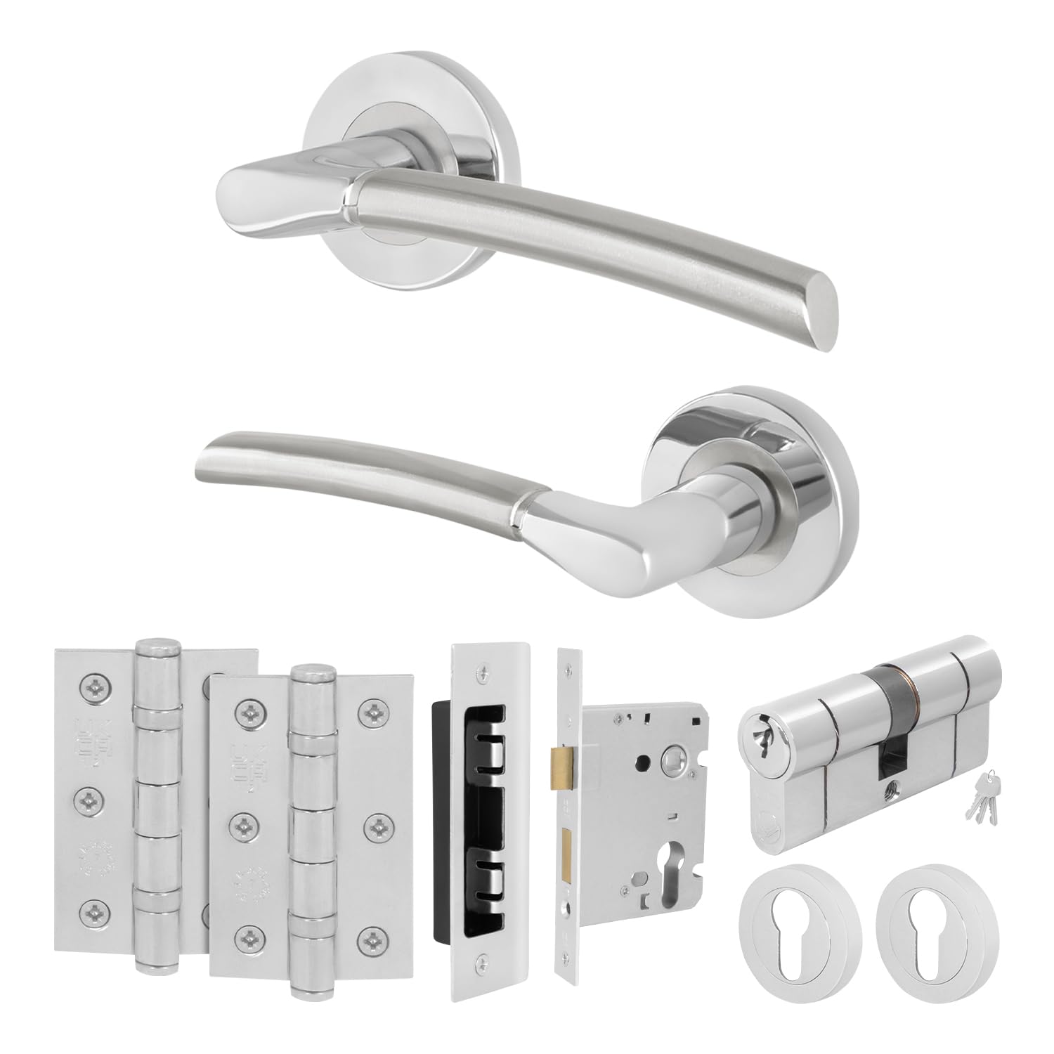 EAI Chrome Door Handle Euro Lock Double Cylinder Set, 1 Pair Internal Round Rose Polished Chrome and Satin Nickel Handles, Locks, Hinges - Bova