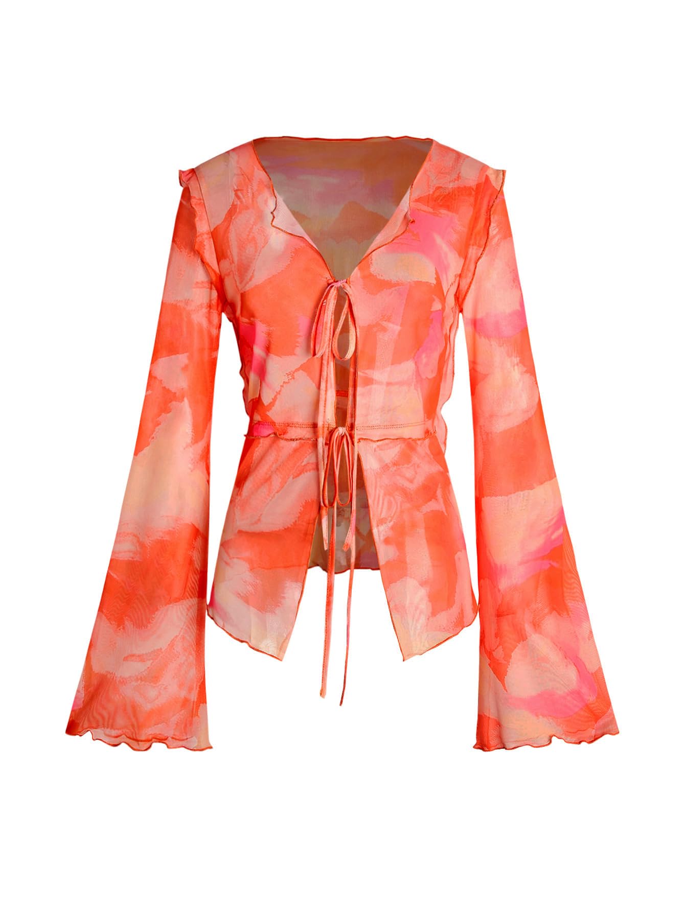 Verdusa Women's Tie Front Bell Sleeve Lettuce Trim Top Graphic Mesh Blouse Shirt