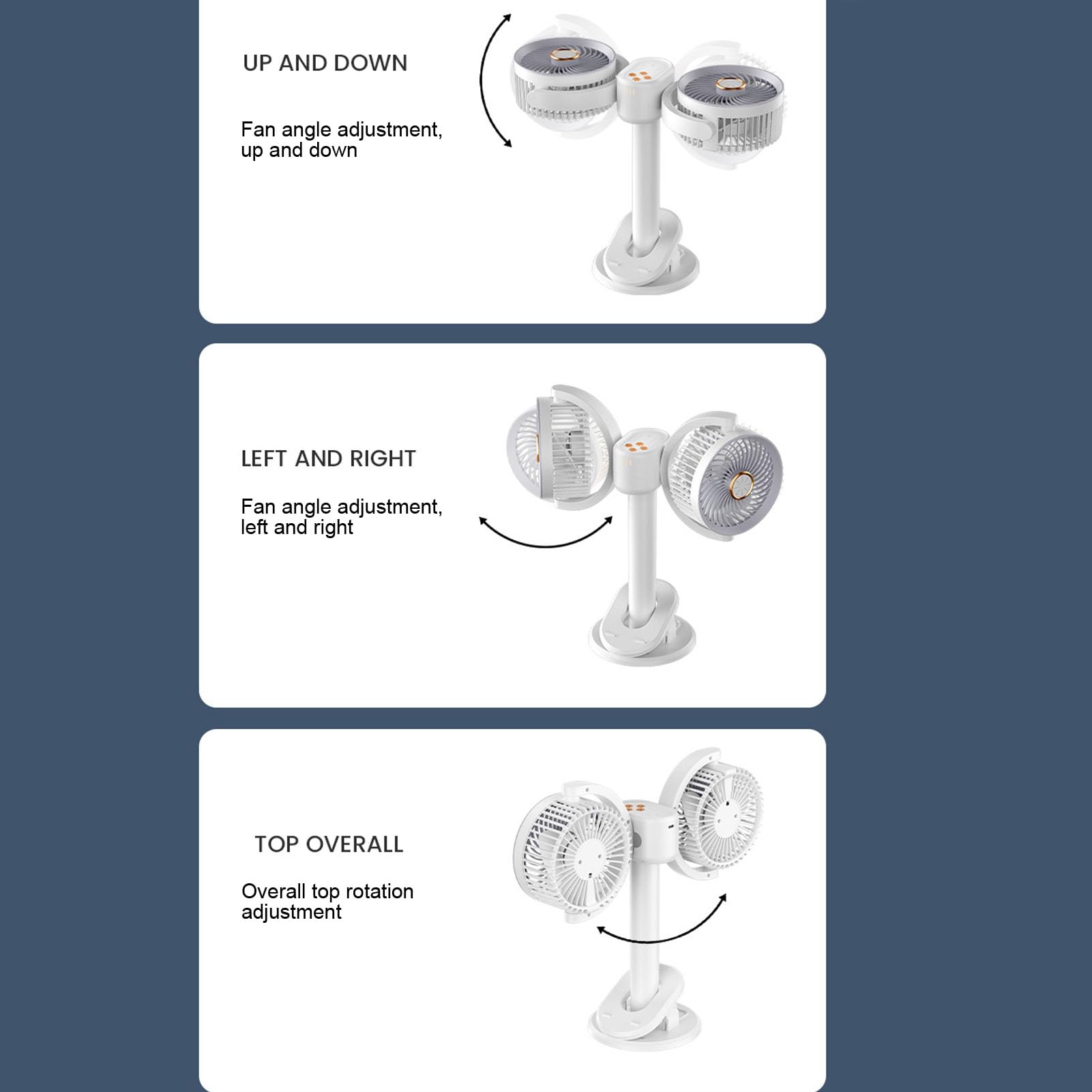 Brrnoo Ventilatore da Tavolo a Doppia Testa Ventilatore da Tavolo a Doppia Testa a con Clip Rotazione a 360° 4 velocità Altezza Regolabile Morsetto per Luce