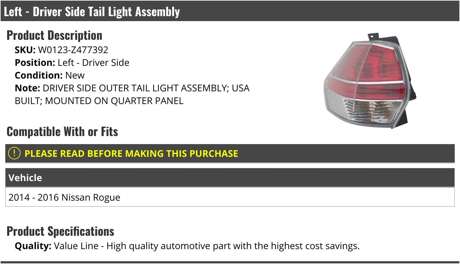 Left Driver Side Outer Tail Light Assembly - USA Built - Quarter Panel Mounted - Compatible with 2014-2016 Nissan Rogue