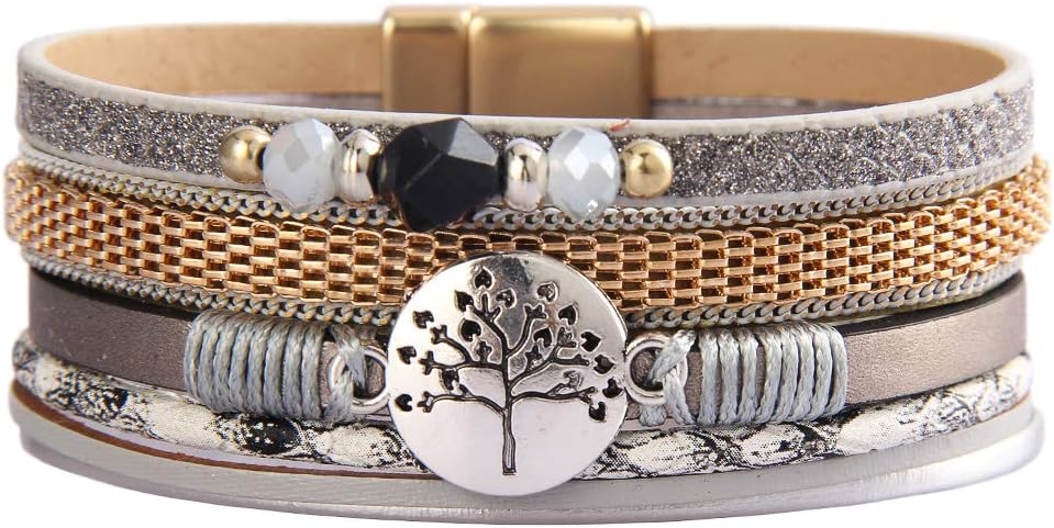 GelConnie Leather Wrap Bracelet Boho Cuff Bracelets Crystal Leather Bracelet Magnetic Multi Strand Bracelets Bohemian Bracelet Leather Wristbands Bangle Jewelry for Women Teen Wife Mother