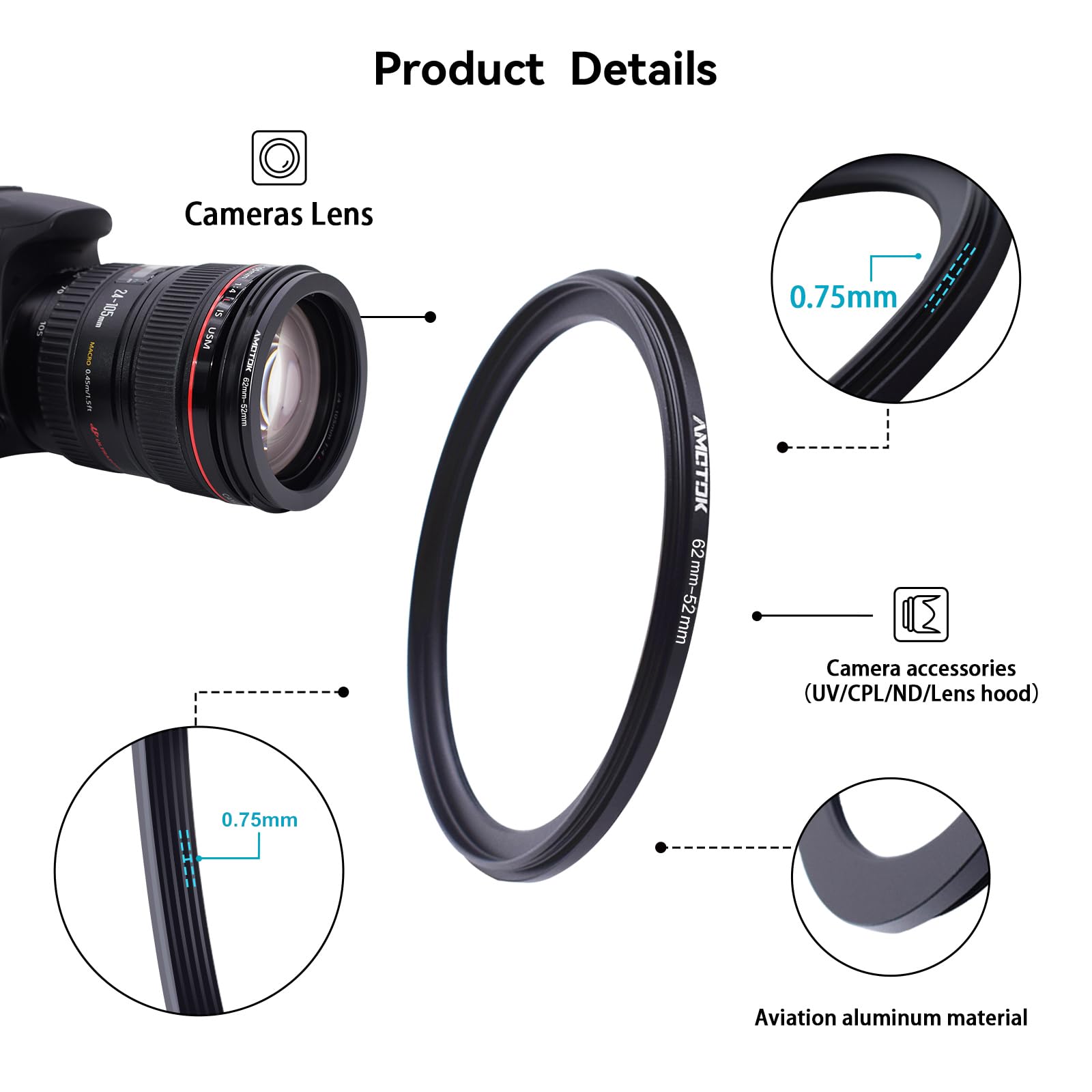 Anello Adattatore Step Down 62mm A 52mm In Alluminio Anodizzato – Per Filtri E Paraluce
