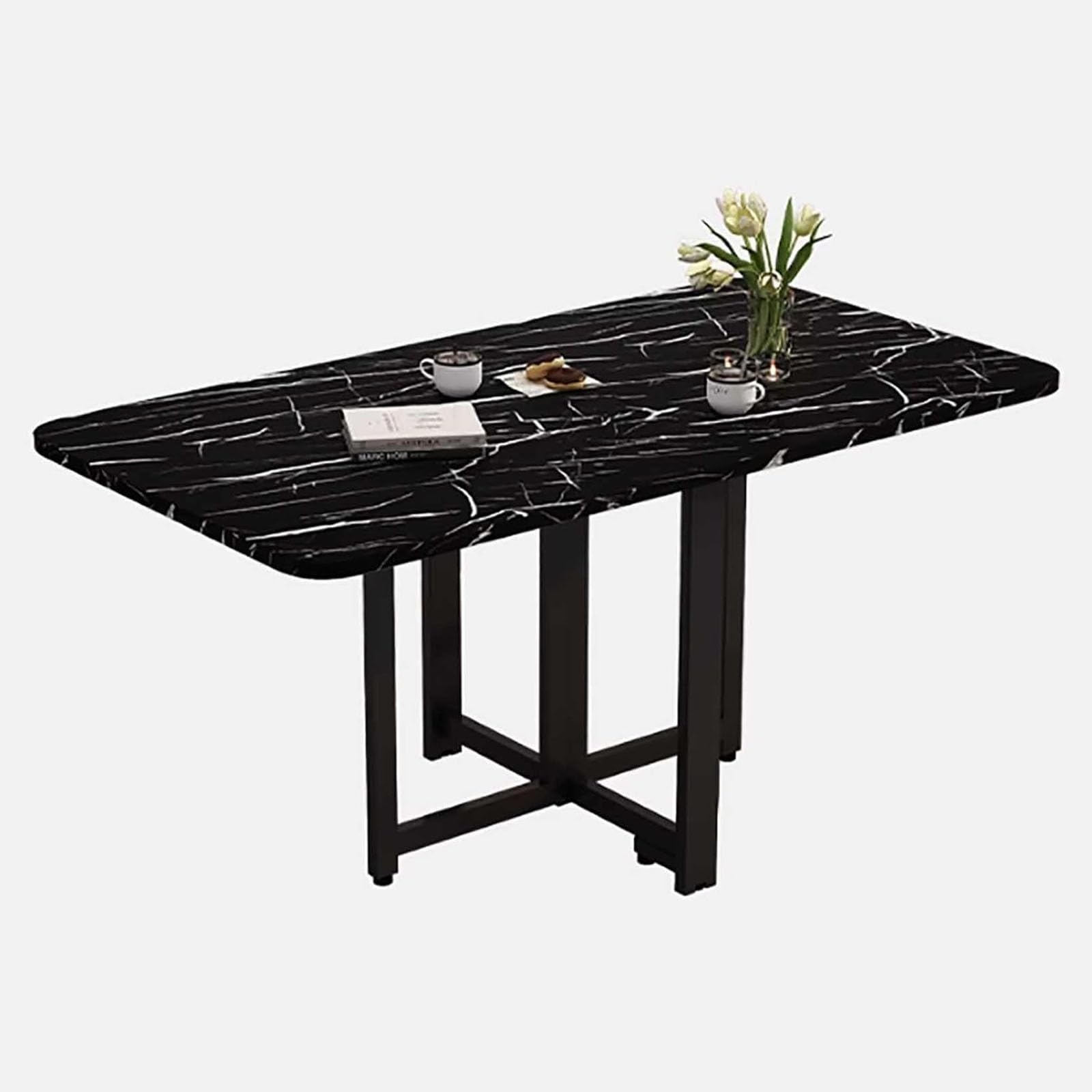 Tavolo da Pranzo Pieghevole in Legno,Tavolo da Cucina Pieghevole con Alette Laterali a Scomparsa, Piedini Regolabili,Staffa Anti-Caduta,salvaspazio,per Piccoli(Black Stone Pattern)
