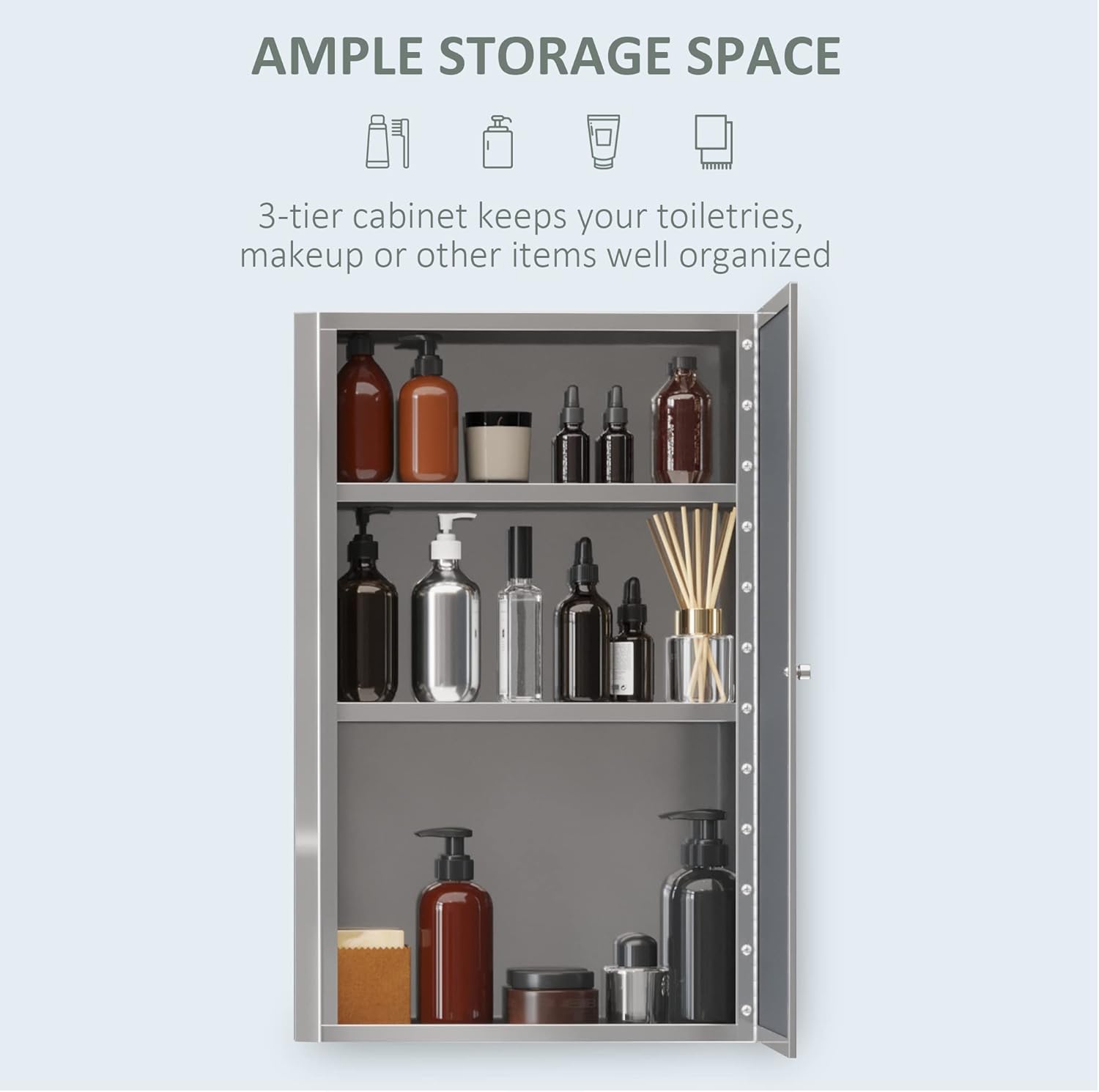 Stainless Steel Wall-Mounted Bathroom Mirror Cabinet with Shelves