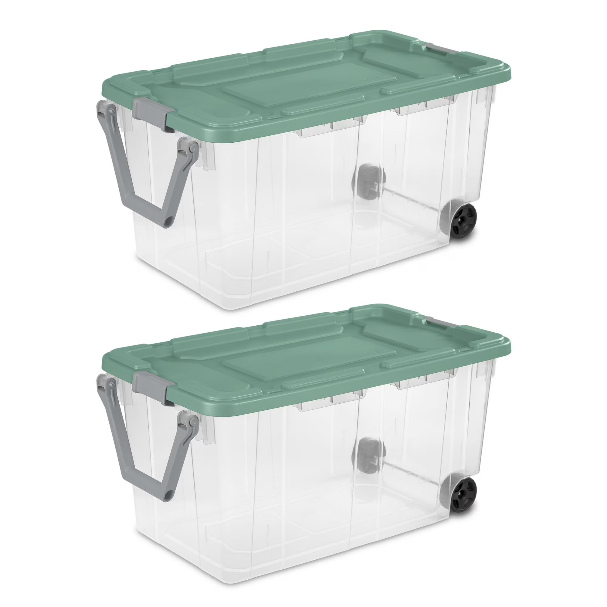 160 Quart Wheeled Stacker Tote, Extra Large Durable Clear Bin, Latch Lid and Pull Handle, 2 Count (Clear/Green)
