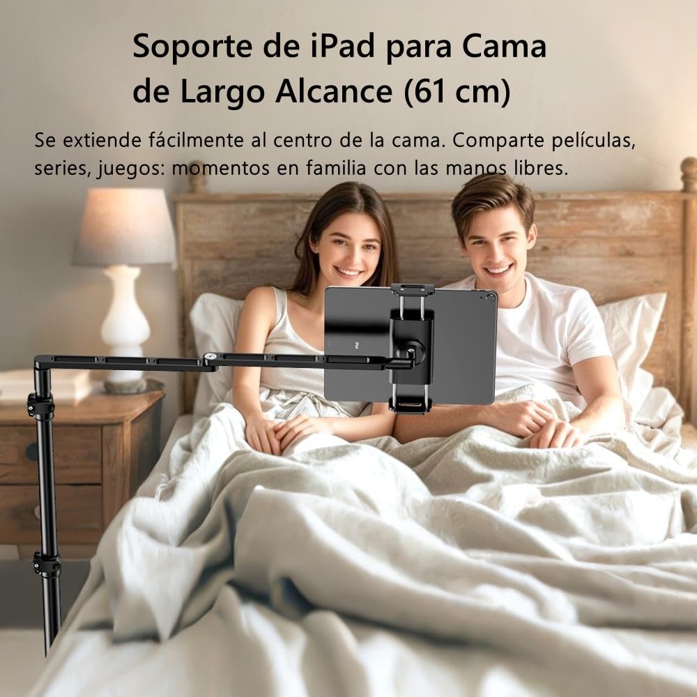 elitehood ALU Soporte de Suelo Ajustable para Tablet con Base Resistente | Soporte suelo tablet de aluminio, brazo horizontal de 24" ajustable, base firme y robusta. Para cama/sofá y compatible iPad