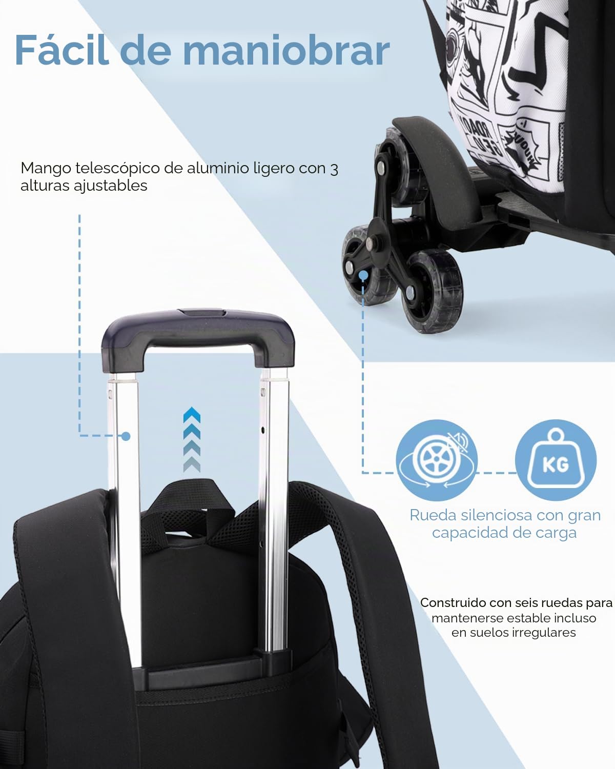Tanou Mochila con Ruedas Niño de Instituto, 6 Ruedas, 28L | Mochilas Escolares Grandes para Adolescentes con Carro, Trolley Desmontable para Chico con Monedero, Negro