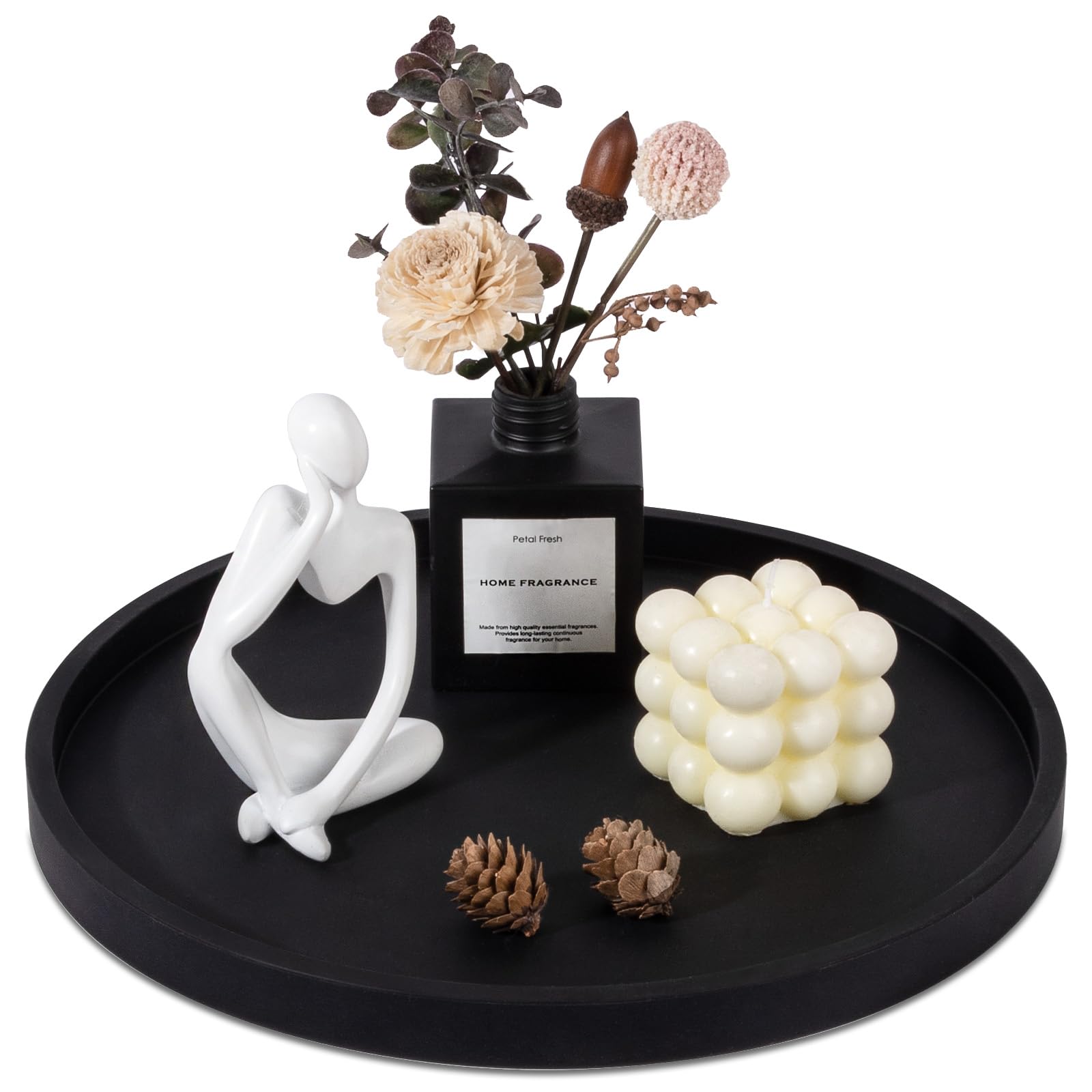 Silicone Bathroom Tray Round Vanity Tray Decorative Soap Holder Kitchen Countertop Organizer Coffee Table Decor for Candle, Perfume, Plant, 12 Inch, Black