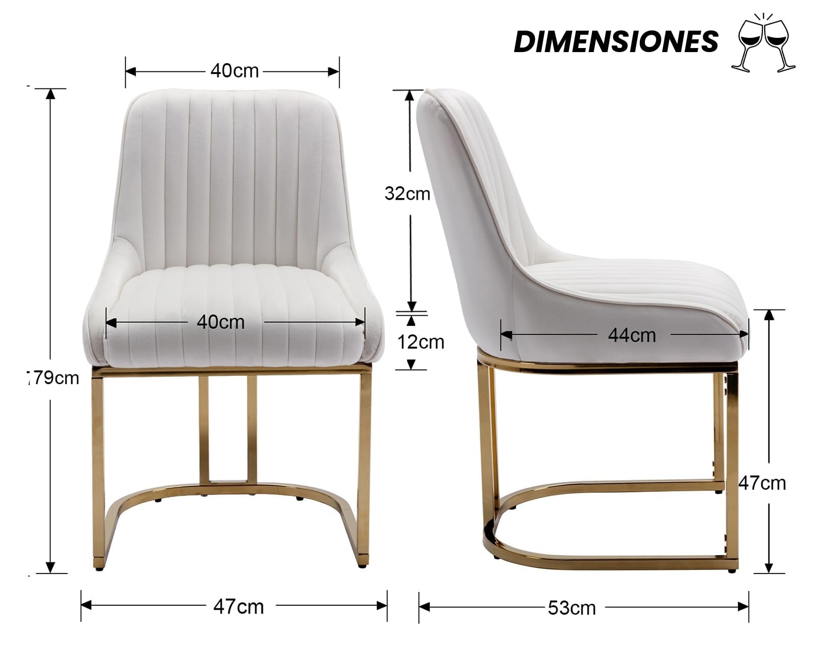 chairus 2PCS Sillas de Comedor Terciopelo con Patas Doradas, Blanco | Modernas, Patas Doradas, Sin Brazos, Para Salón/Cafetería/Recepción