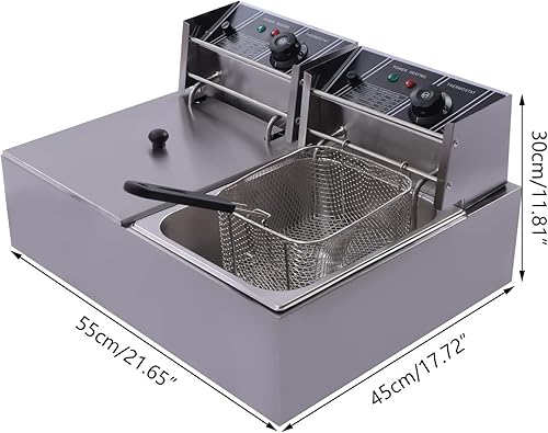 Miniatura 7 de Freidoras eléctricas de aceite de encimera de 6.3+6.3 cuartos de galón, freidora comercial de 2500 W, freidora con 2 cestas extraíbles y limitador