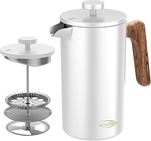IKAPE Cafetera de prensa francesa, cafetera y té espresso de acero inoxidable 304 de 34 onzas con sistema de filtración de 4 niveles (blanco)