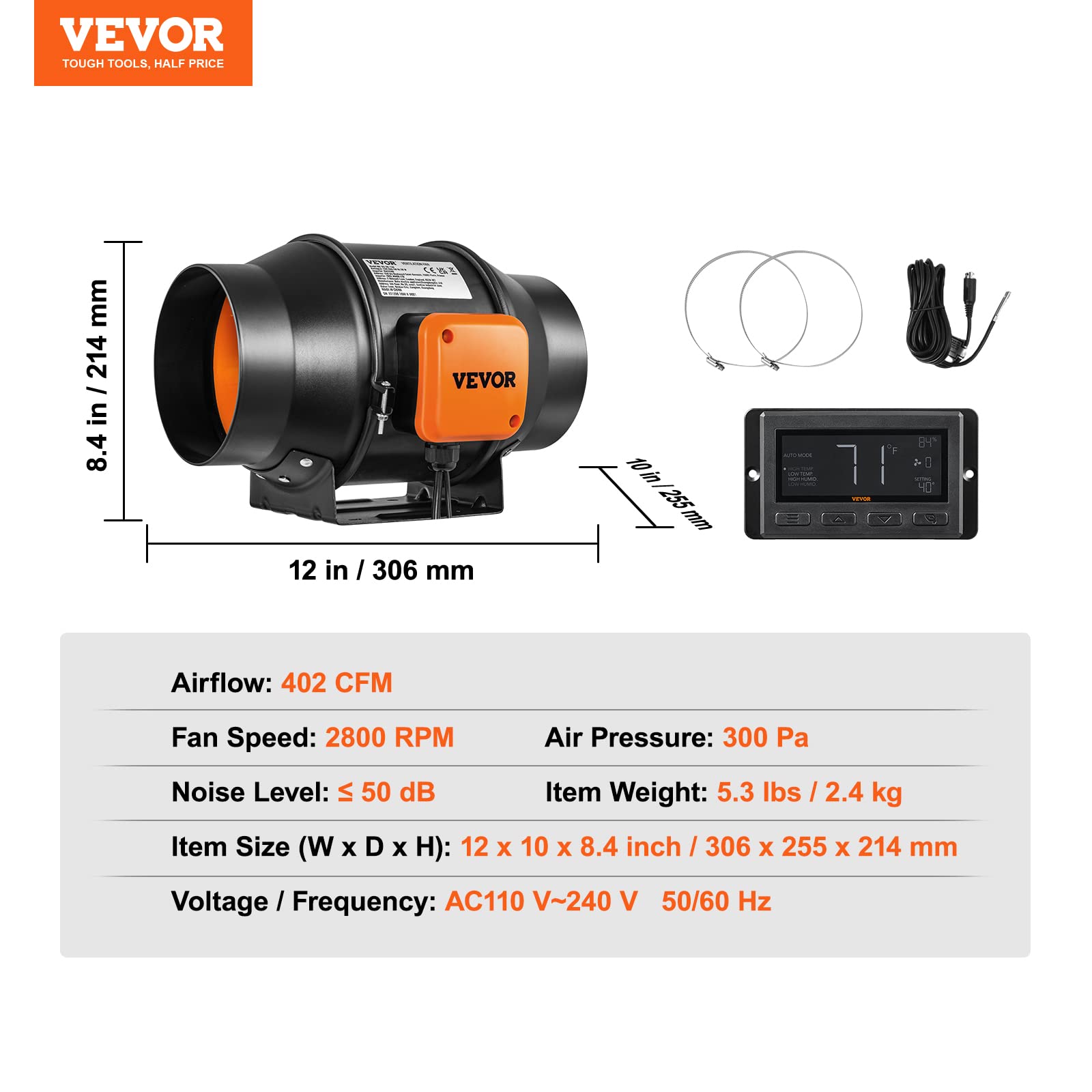 VEVOR Ventola a canale in linea da 15 cm 402 CFM con regolatore di temperatura e umidità motore EC silenzioso di ventilazione, ventola di scarico per raffreddamento, coltivazione idroponica