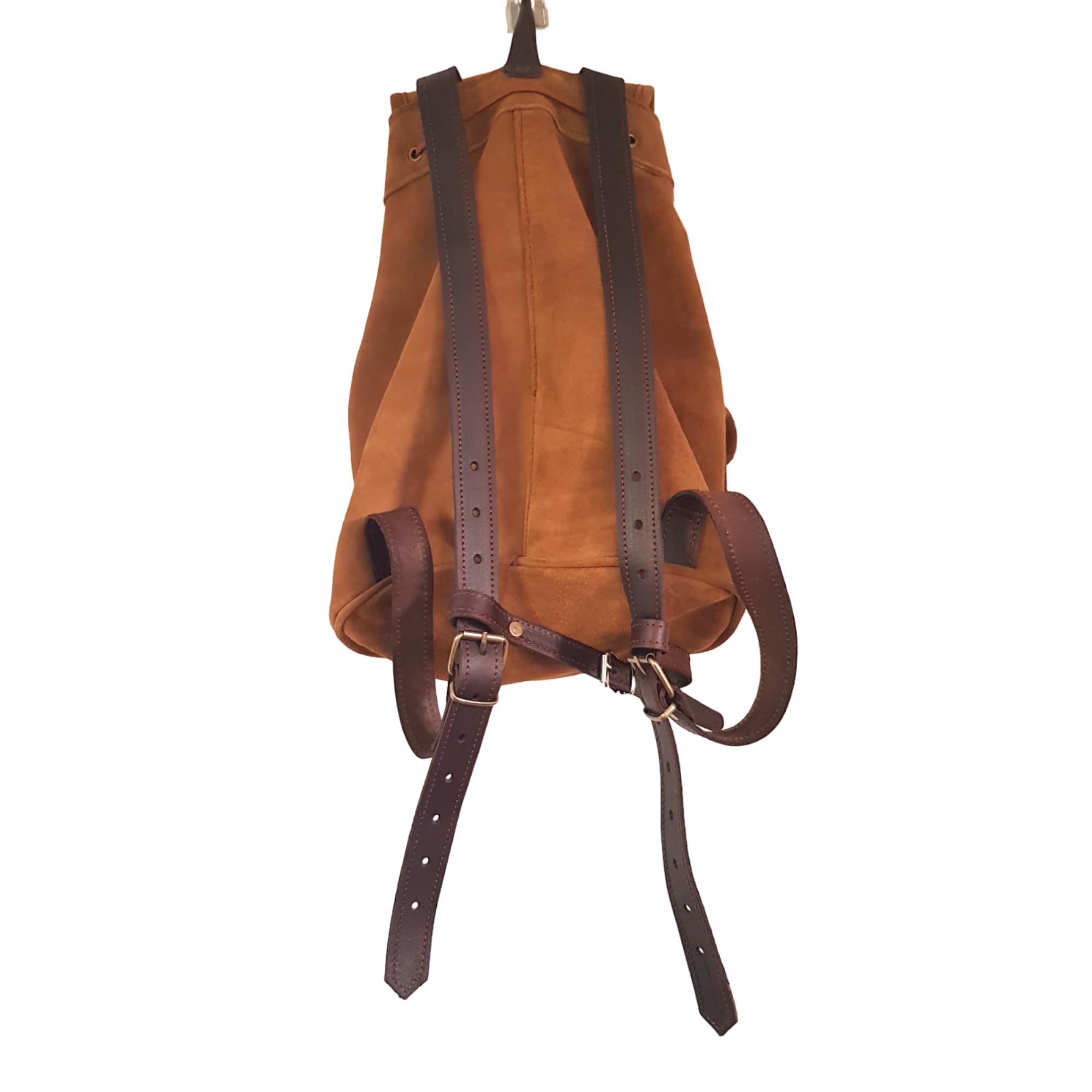 Mochila de caza en serraje y piel, con dos bolsillos frontales