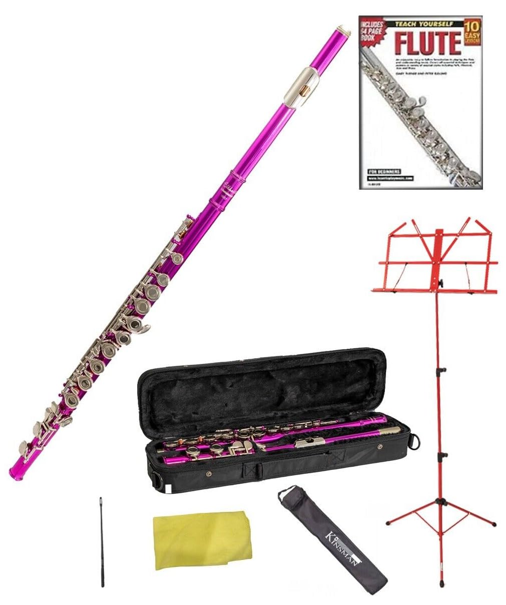 Elkhart by Vincent Bach Pink Flute Pack includes Case with Shoulder Straps, Music Stand, Learn to Play Flute - 10 Easy Lessons DVD and 64 Page Booklet, Cleaning Rod and Microfiber Cleaning Cloth