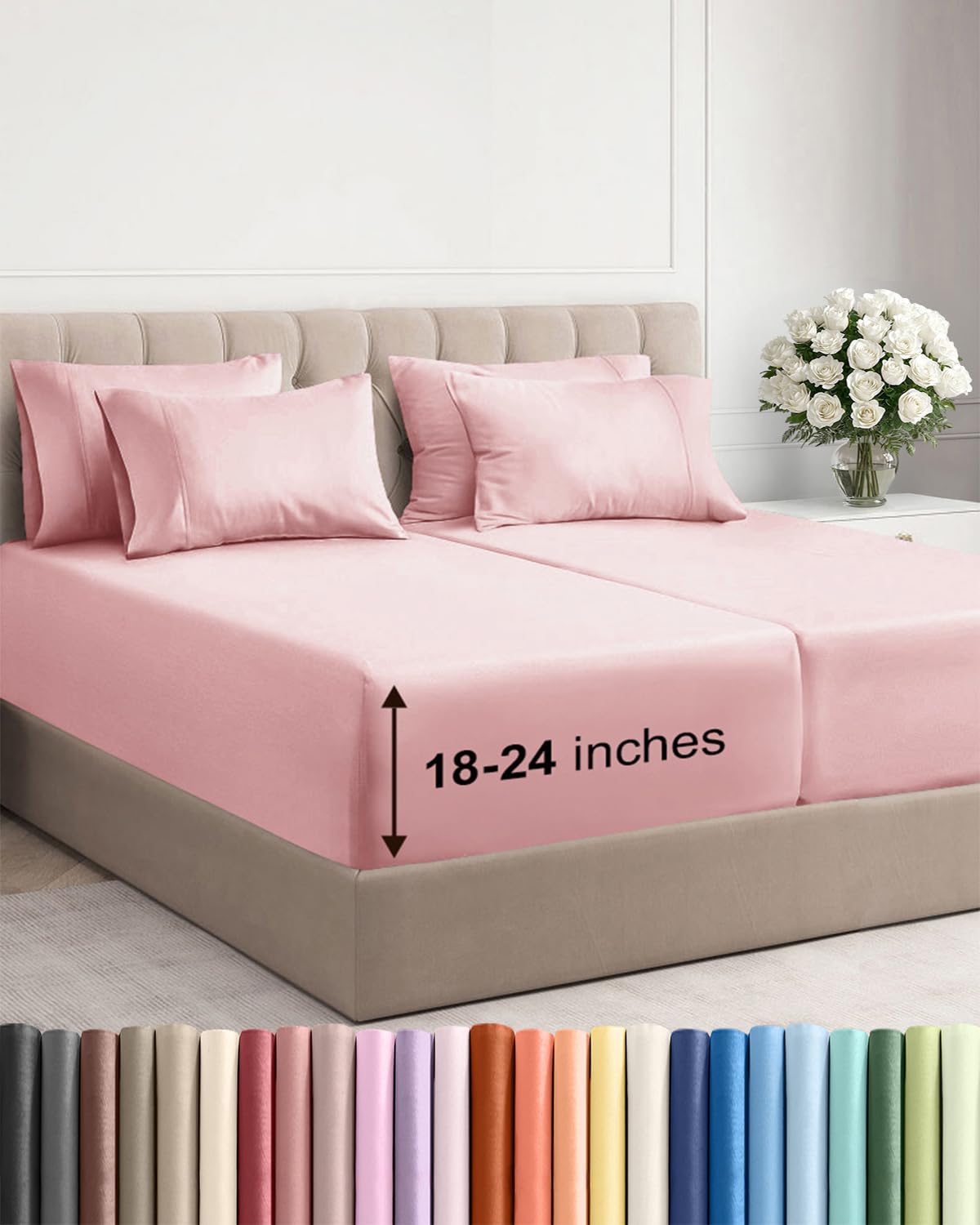 CGK Extra Deep Split King Sheet Set - 7pc Cooling Sheets - Baby Pink