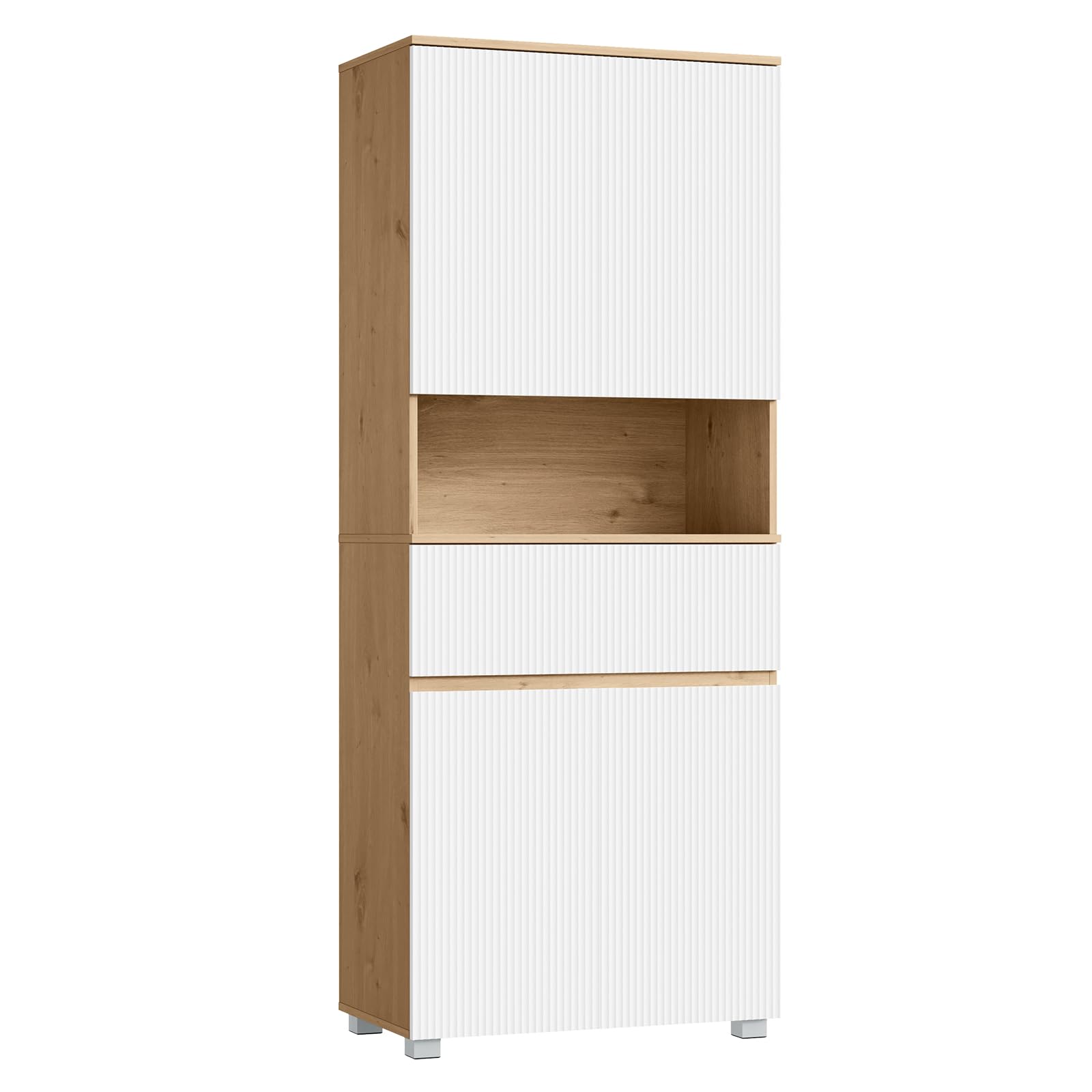 EUGAD Badezimmerschrank hoch, Badschrank, Mit 4 Türen, 1 offenem Fach, 1 Schublade, verstellbaren Einlegeböden, 70 x 176,5 x 40 cm, für Bad Wohnzimmer Küche, Weiß+Holzoptik