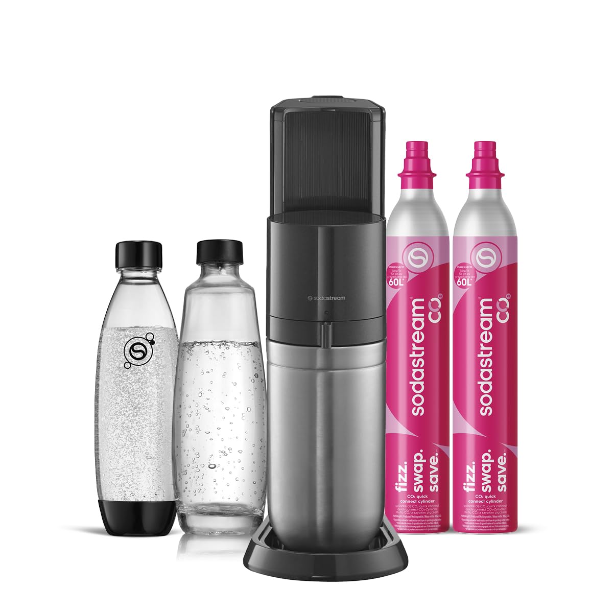 Sodastream Duo Megapack, Gasatore D'Acqua per Trasformare L' Acqua in Acqua Frizzante, colore nero include due cilindi di co2 1 bottiglia di plastica da 1 litro e 1 bottiglia di vetro da 1 litro