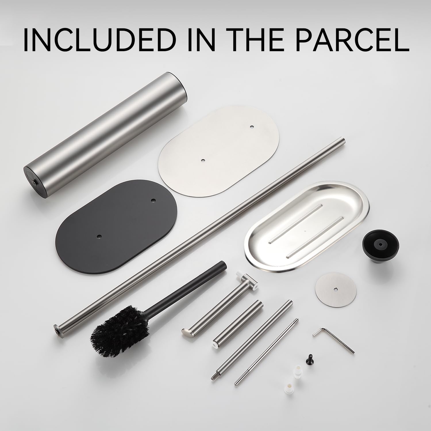 BGL Set di scopino per WC autoportante in acciaio inox spazzolato e nichel spazzolato, con porta carta igienica, set 3 in 1 con ripiano, design moderno
