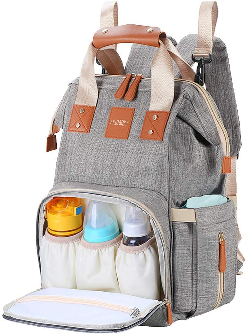 AISPARKY Diaper Bag Nappy Backpack Multi-Function Waterproof Travel Nappy Bag for Baby Care, Large Capacity, Durable and Stylish Changing Bag for Mom and Dad (Grey/Gold)
