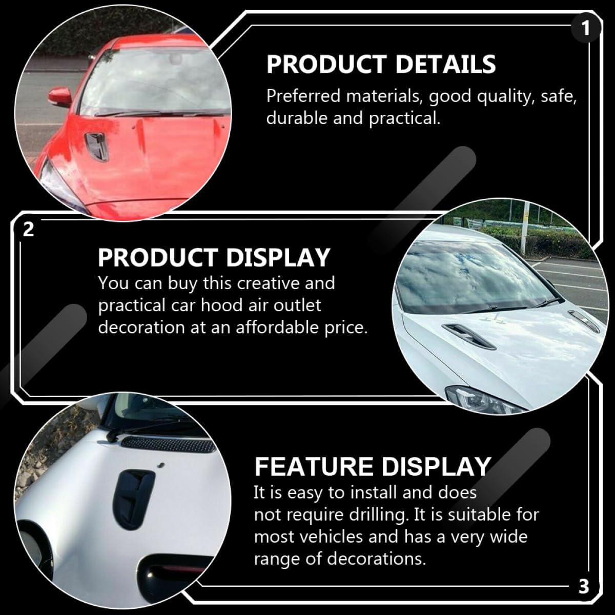 Black ABS Car Hood Vent Decor Sticker, 1 Pair Simulated Air Inlet
