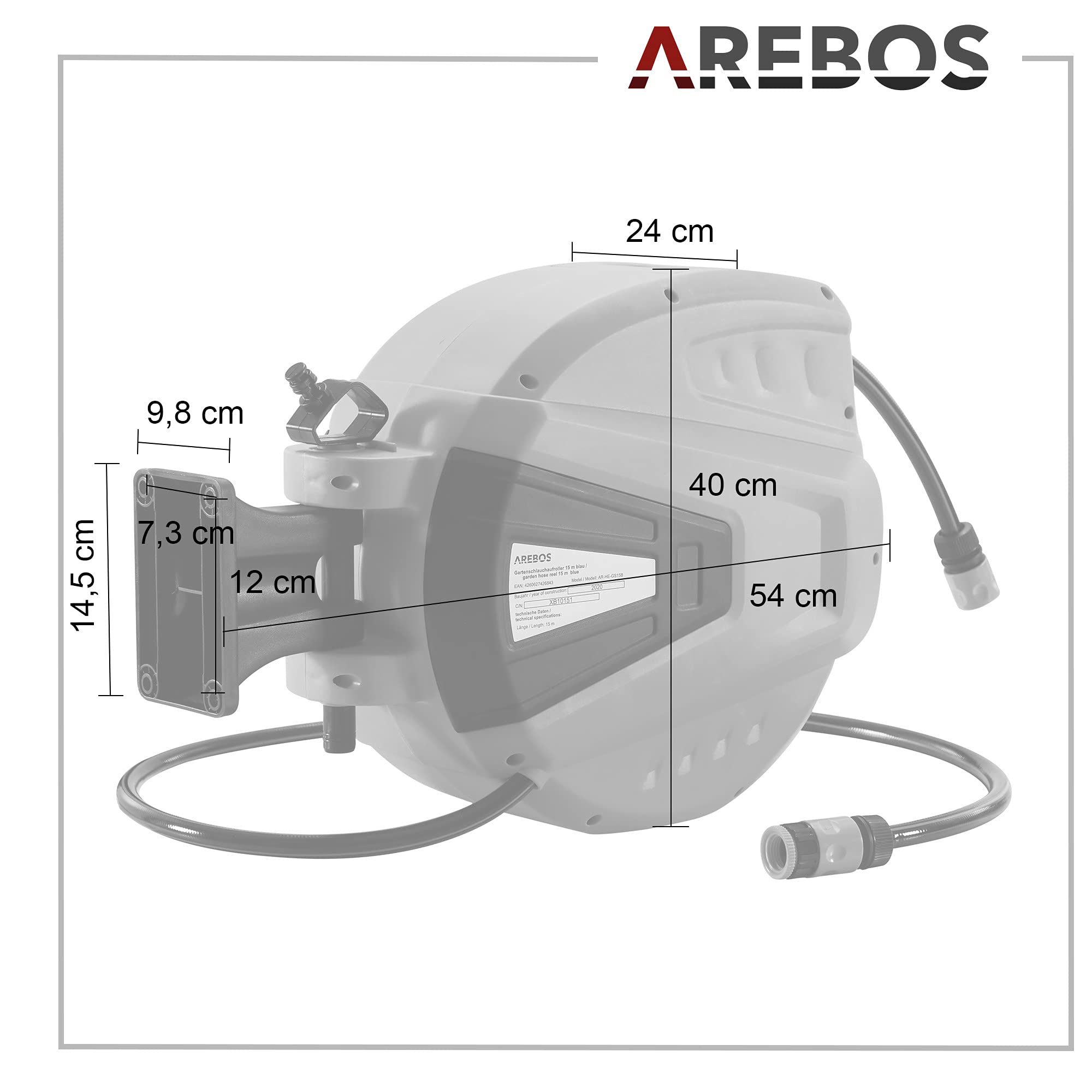 AREBOS Schlauchaufroller 30m | Schlauchtrommel Wandschlauchbox mit Wandhalterung | Gartenschlauch Automatischer Aufrollmechanismus & Arretierstop | 9 Sprühfunktionen 180° Schwenkbar | Grau
