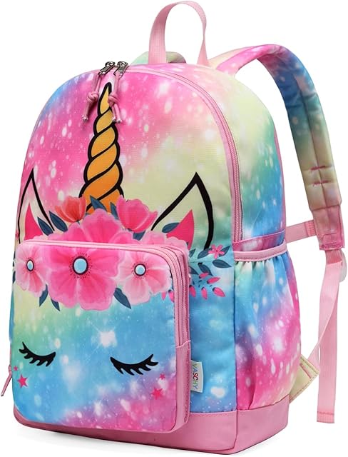 VASCHY Girls Backpack, 13L Kids Backpack Water Resistant School Bag 4-6 Years Toddler Rucksack Children's Backpack with Elastic Water Bottle Pockets for Elementary School(Rainbow Unicorn)