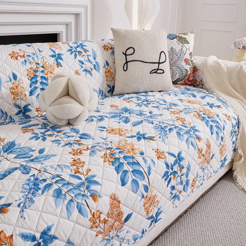 Image of HOMETHREADS Premium Style Anti Slip Sofa Cover Set | Cotton Sofa Slipcover | 1Pc Front Cover with Attached Armrest + 1Pc Back Cover (Leave Blue Flower, 1 Seater | 63x185cm)