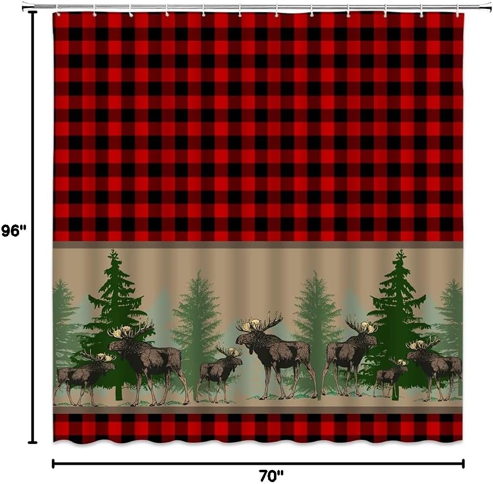 Rustic Moose Shower Curtain Retro Cabin Hunting Wildlife Deer Lodge Buffalo Plaid Adventure Western Fabric Bathroom Decor Curtain with Hooks