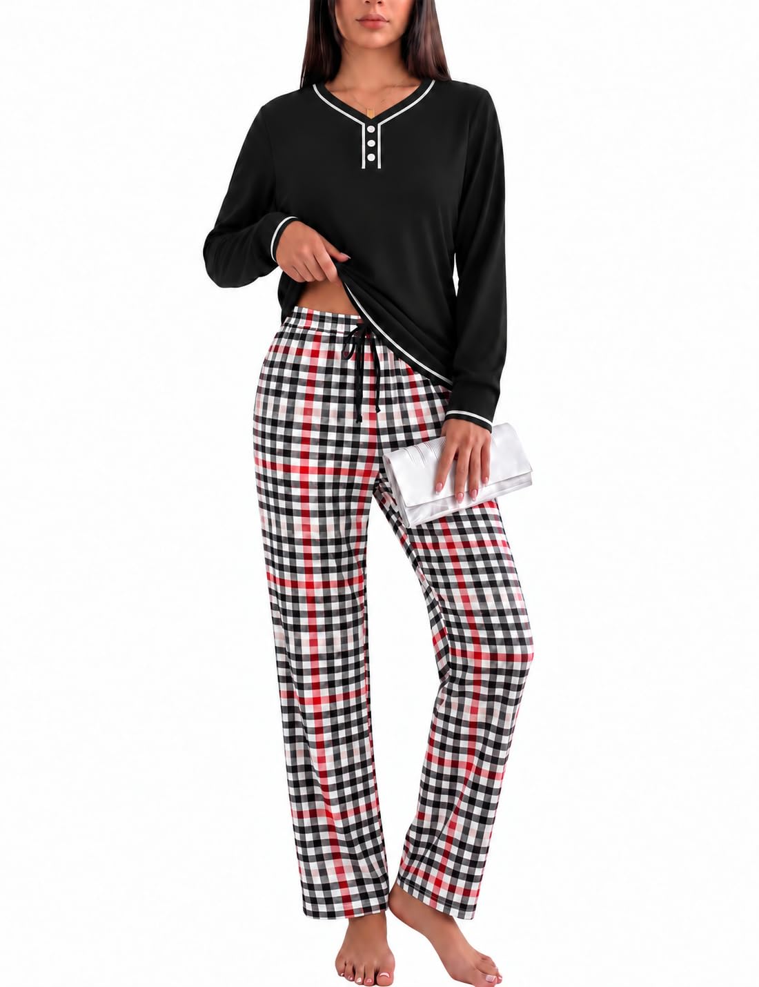 Uniexcosm Schlafanzug Damen Lang Pyjama Set Nachtwäsche mit Karohose | zweiteilig aus Baumwolle mit Langarmshirt karierter Hose Taschen und Kordelzug für Nacht Zuhause und Reise
