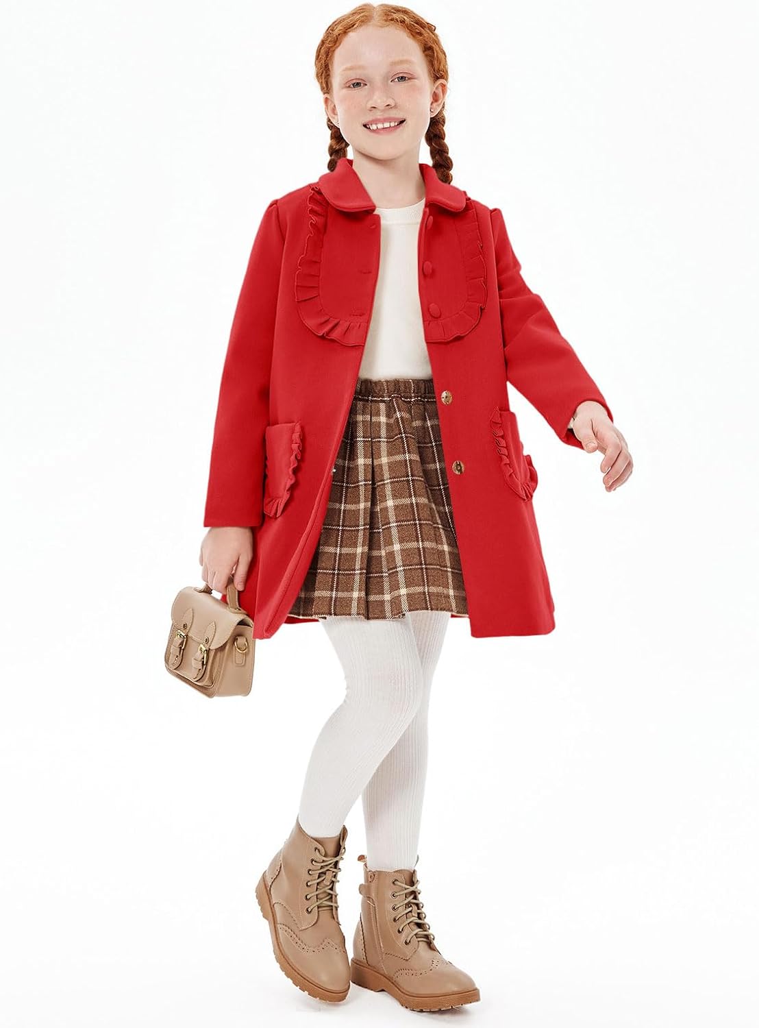 Haloumoning Girls Ruffle Dress Coats Winter Lapel Single Breasted Jackets Outerwear with Pockets 5-14 Years