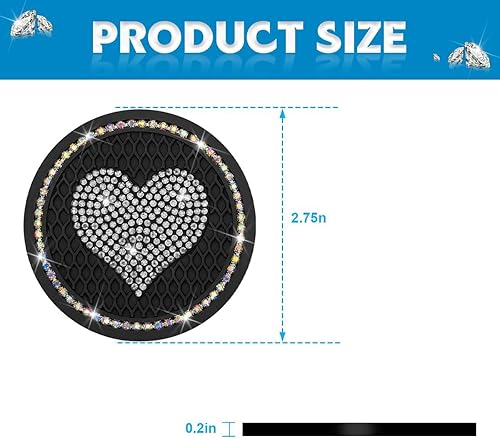 Miniatura 8 de Posavasos para automóvil con diseño de corazón, 2 unidades, universales, de 2.75 pulgadas, con diamantes de imitación brillantes, antideslizante,