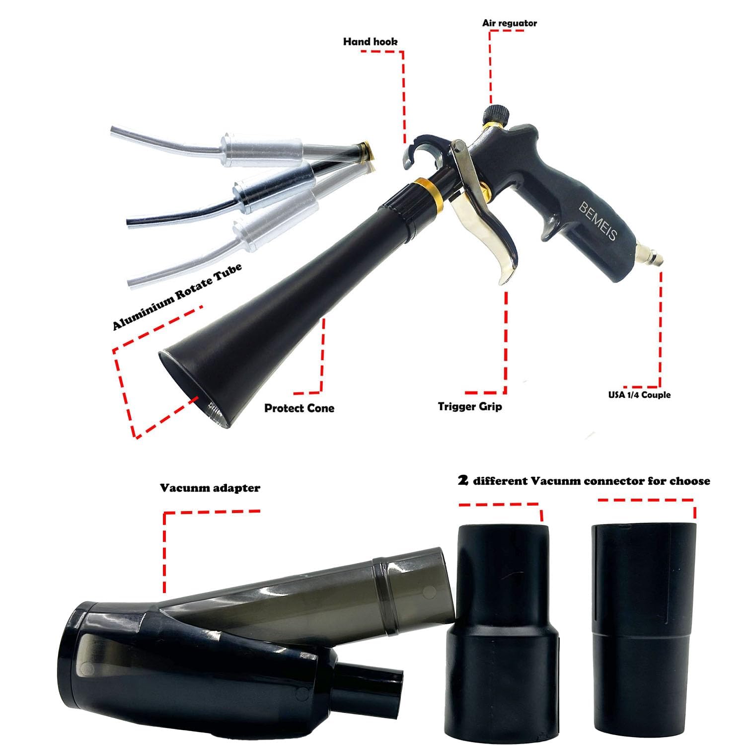 Pistola de soplado de aire y pistola de vacío con boquilla de flujo de aire ajustable de latón, pistola de limpieza que elimina rápidamente la suciedad y el polvo de la superficie, funciona con