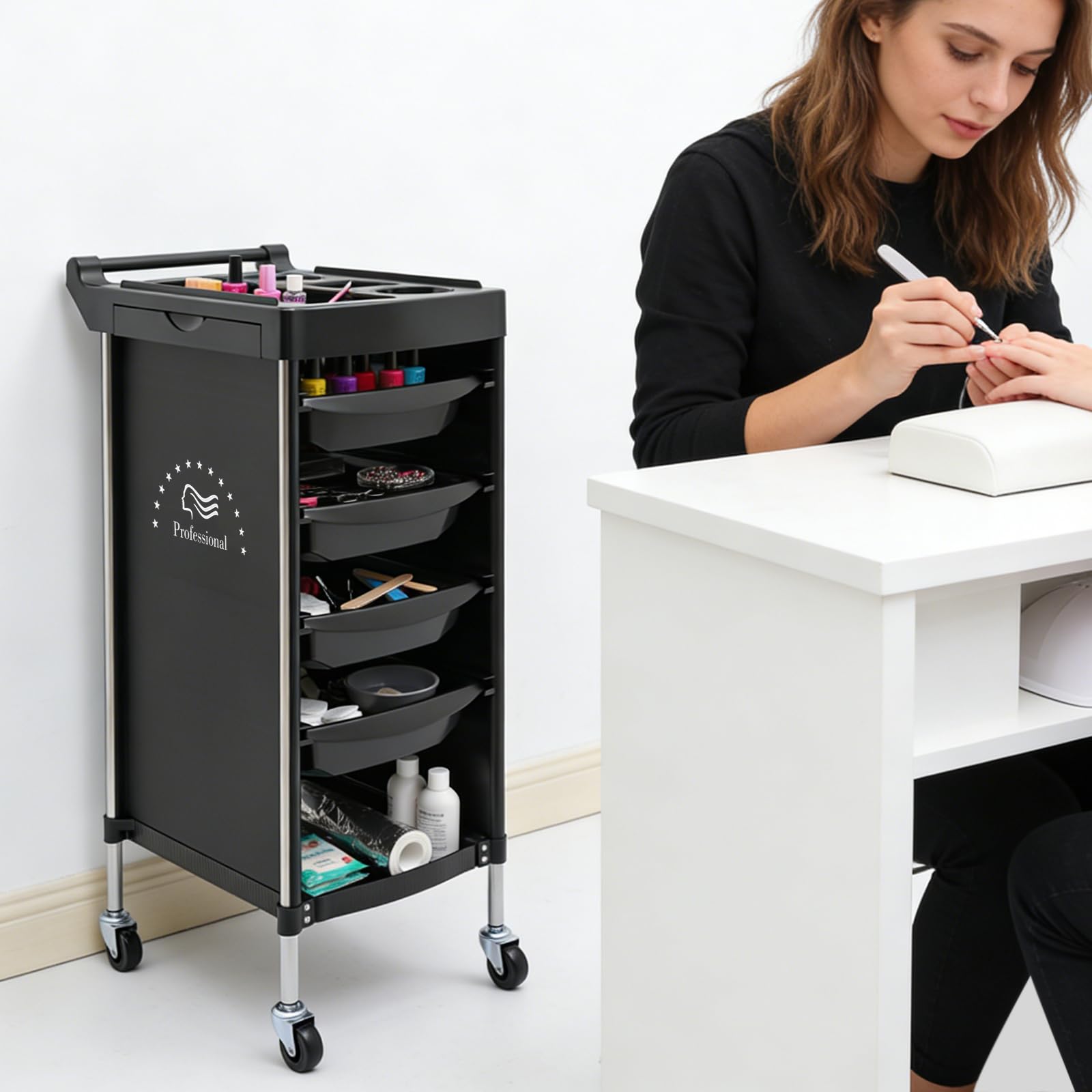 Carrello da parrucchiere, portata 50 kg, 36 x 37 x 85 cm, carrello da parrucchiere con 4 cassetti, rettangolare con aperture multiple, per parrucchieri, gioielli, cosmetici, nero