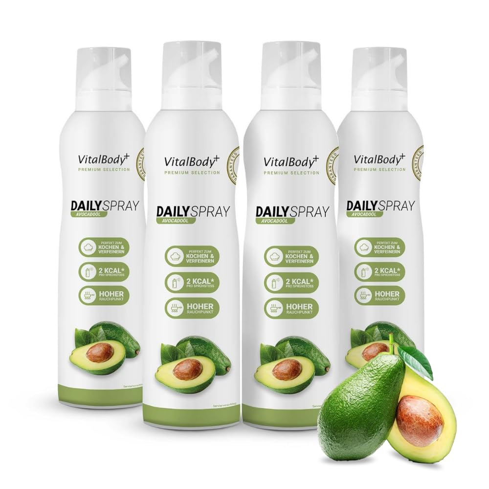 VitalBody+ DailySpray Avocadoöl – 2 kcal Ölspray für Airfryer, Braten & Grillen – Kalorienarm Kochen – Non-stick Cooking Spray, 3200 Portionen, 4er Pack