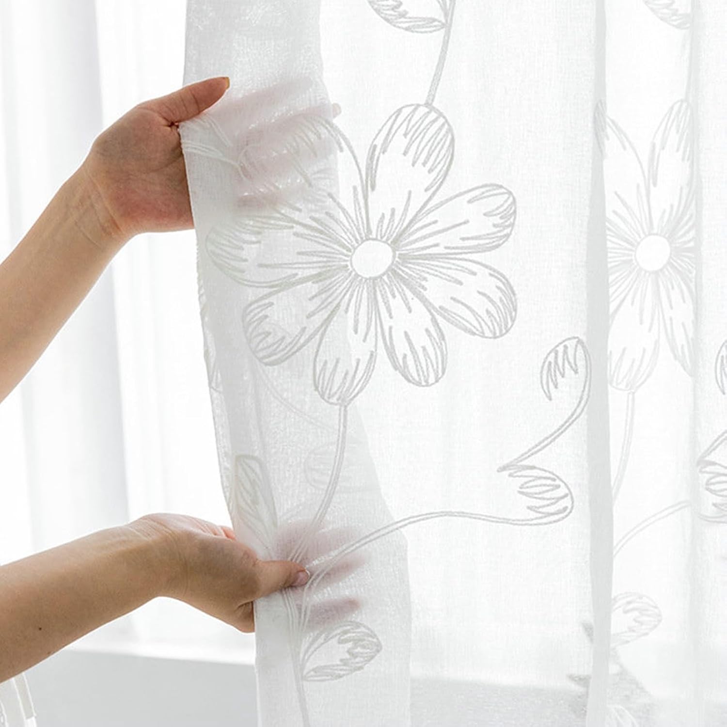 Daesar Semi Transparent Curtains for Bedroom 2 Panels Set, Polyester Rod Pocket Tulle Curtains 52" W x 84" H Drapes Embroidered Flowers Solid Color White Voile Curtains for Living Room