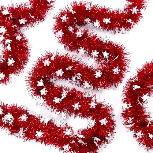 DIYDEC Guirnalda de oropel de Navidad de 33 pies, 5 guirnaldas metálicas de copo de nieve rojo con purpurina para colgar en el árbol de Navidad, chimenea, decoración de fiesta en el hogar