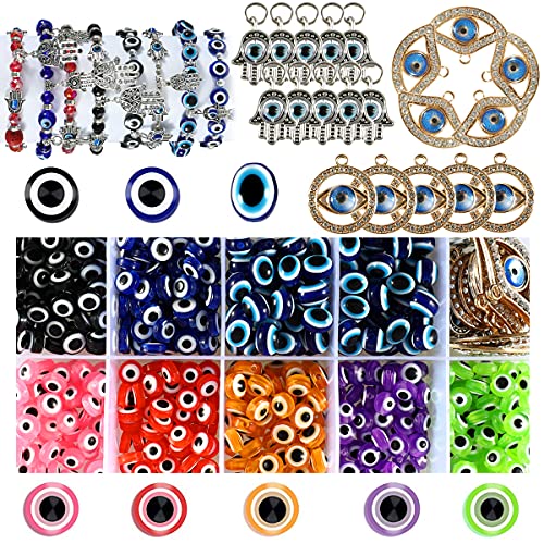 520 Pieces Evil Eye Beads Set,400pcs 8mm Flat Evil Eye Beads 100pcs Easter Round Evil Eye Beads and 20 Hamsa Hand Evil Eye Charms,DIY Evil Eye Beads for Jewelry Earring Making Kit