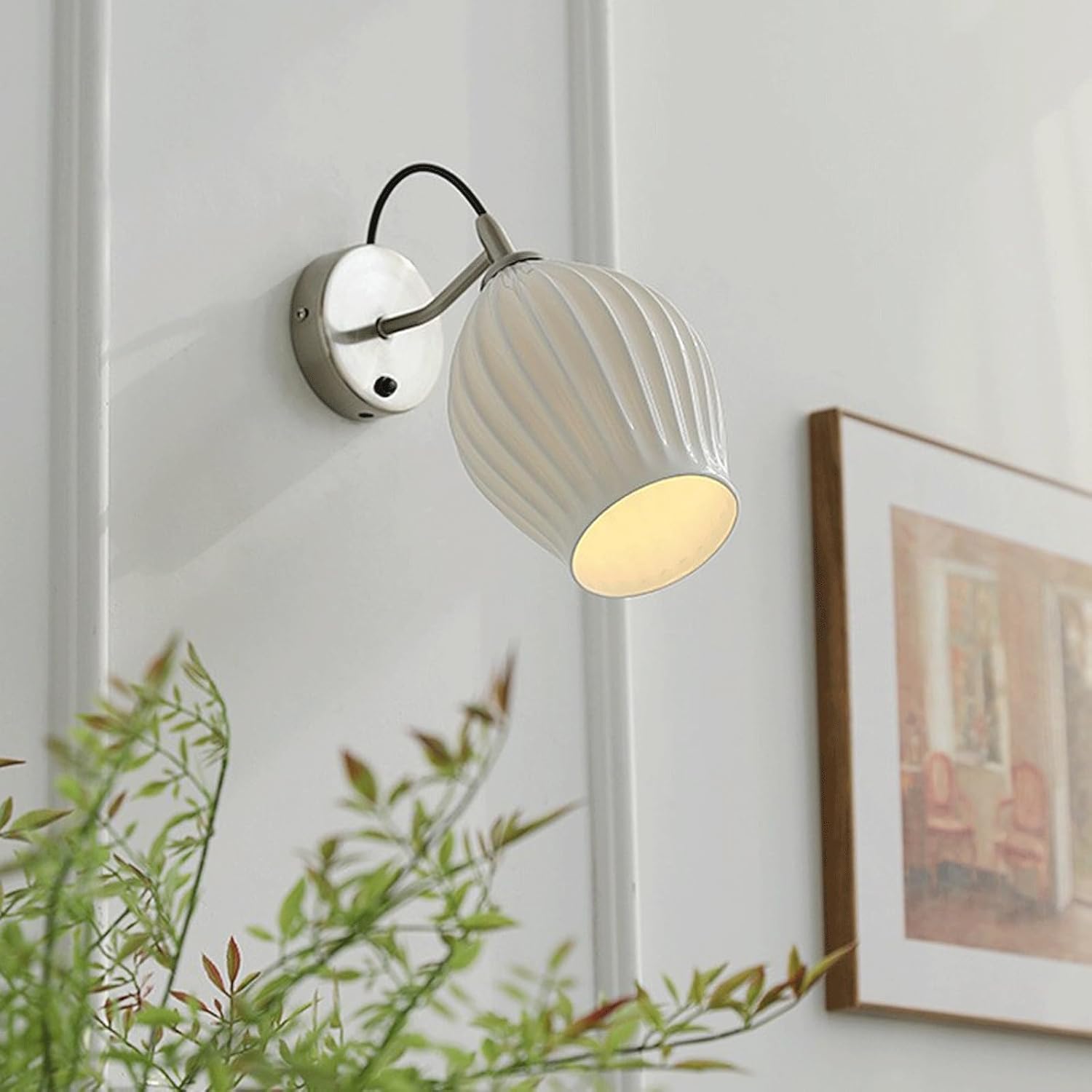 Modern Nordic Wall Sconce Brushed Nickel Finish White Striped Ceramic Shade E14 for Bedroom Bedside Living Room Study Hallway Entryway Hotel Lobby Restaurant Cafe Reading Accent Lighting