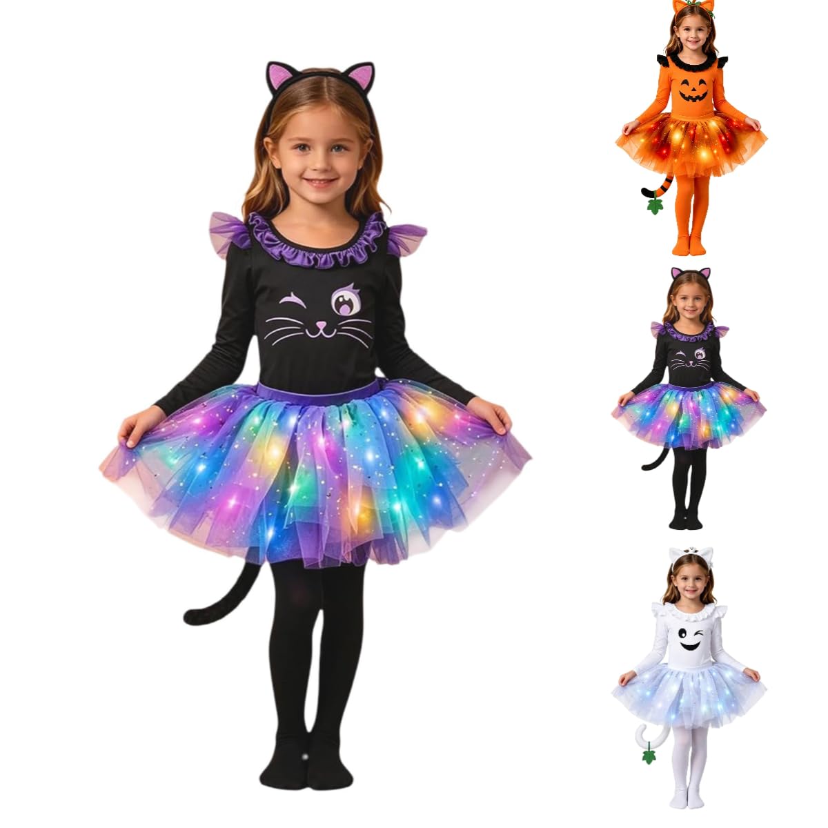 Girls Cat Halloween Costume Set, Light‑Up Tutu Skirt with LED Lights, Long Sleeve Cat Print Bodysuit, Cat Ear Headband, Tail & Tights, Kids Fancy Dress Outfit for Halloween Party Cosplay